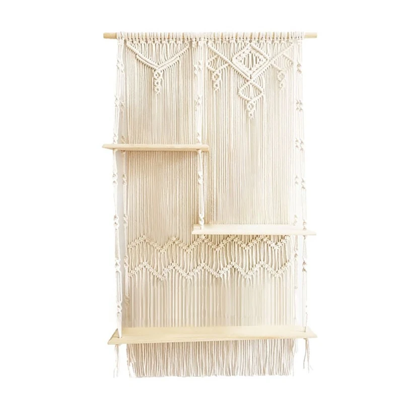 

Настенная подвесная полка макраме, 3 уровня, Настенный декор в стиле бохо, плетеная веревка, плавающая полка для домашнего декора