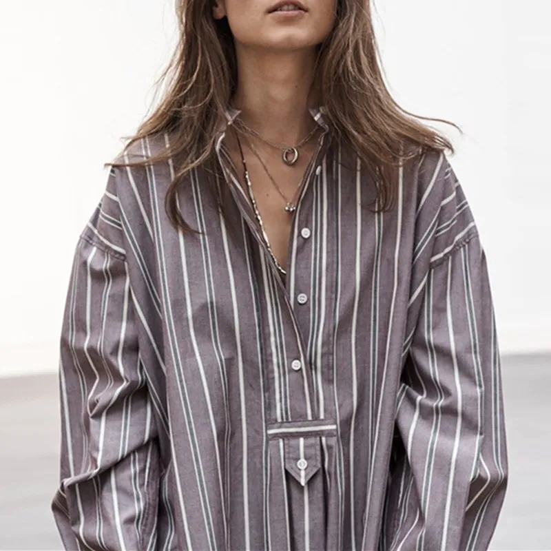 

Stripes Women Blouse Stand Collar Long Sleeve Vintage Straight Female Shirts 2021 Autumn