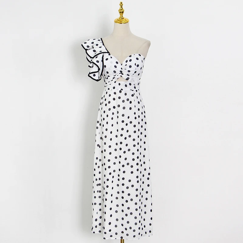 

TWOTWINSTYLE Temperament Patchwork Ruffle Dress For Women Skew Collar Short Sleeve High Waist Print Dot Summer Dresses Female