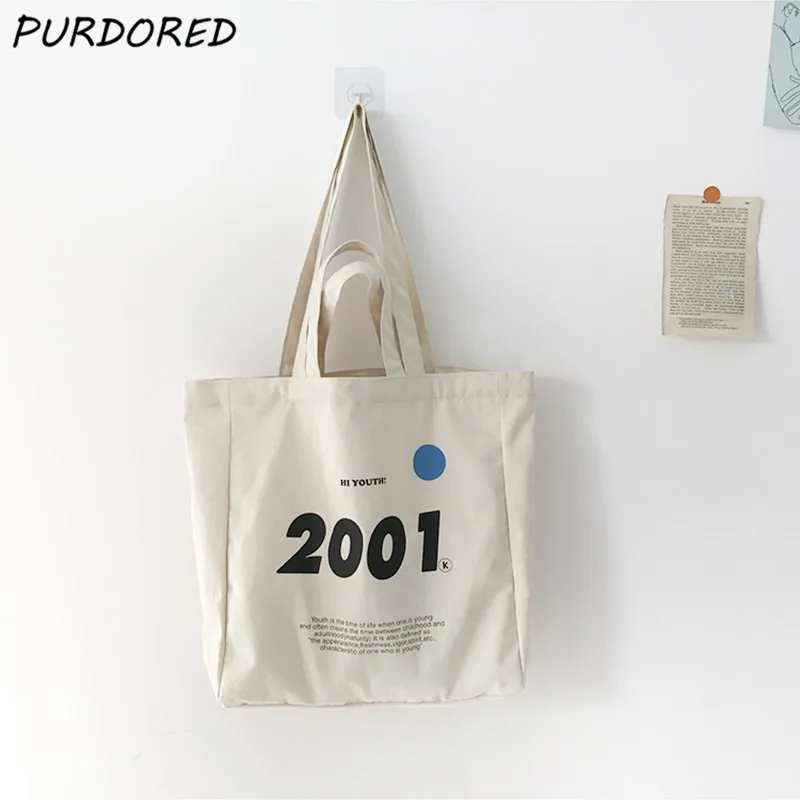 

PURDORED 1 Pc Fashion 2001 Canvas Shoulder Bag Large Female Student School Bag Women Eco Casual Tote Bag Shipping Pouch