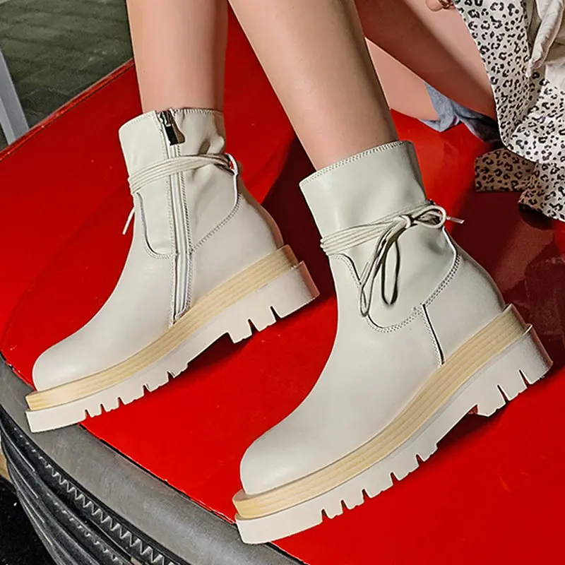 

Round Toe Motorcle Boots For Women Genuine Leather Chunky high Heels platform Shoes Woman Office Lady Working Ankle Boots