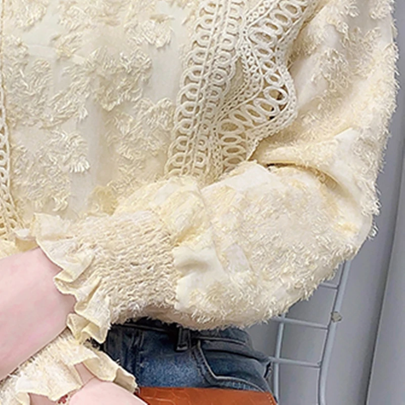

Chiffon Tassel Blouse Korean Lace jacquard Stand Collar Long Sleeve Tops Pullover Shirt 2021 New Spring Autumn Women's Clothing