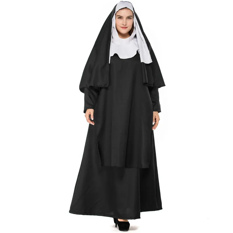 Costume 2 Девы Марии платье одежда Nun Косплей костюмы Длинные черные страшные монашки костюм привидения форма для вечеринки Хэллоуина латекс маска реквизит - Цвет: Costume 2