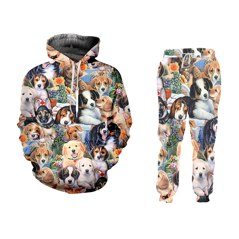 

OGKB Men's Set 3D Pants And Hoodie Cute Dog 3D Hip Hop Printed Animal Sweatshirt Jogger Pants Tracksuits Streetwear Sportswear