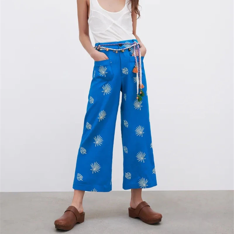 

Uniera 2021 Za women's autumn sunflower White Embroidery decoration treasure blue linen wide leg pants