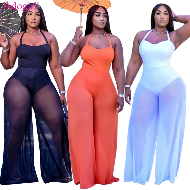 

Adogirl Women Solid Sheer Mesh Patchwork Lace Up Halter Jumpsuit Plus Size S-2XL Sexy Backless Romper Wide Leg Pants Overalls