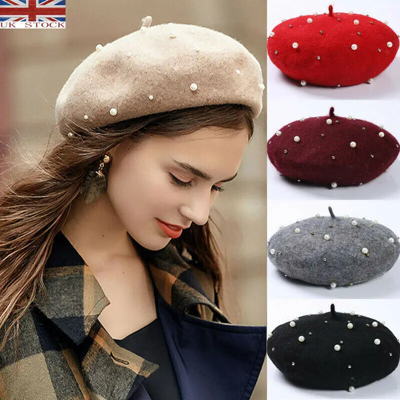 Модный французский стиль Жемчужный войлочный берет зимняя теплая шерстяная