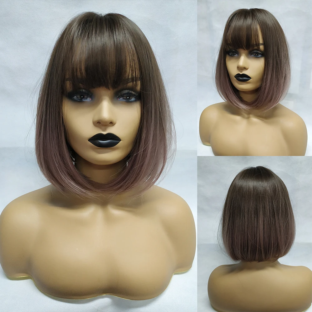 

Inhair Cube 12"Bob Wigs Highlight Dark Brown Root Centre Parting Wave Ends Natural Medium Hair Wig with Inclined Bangs for Women