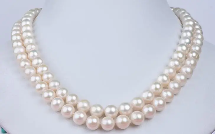 

2 rows round 8-9mm freshwater white round pearl necklace 18"19"925s