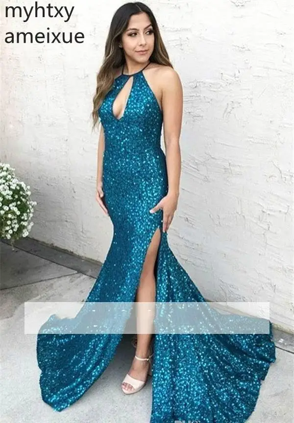 2020 Сексуальные Голубые Вечерние платья без рукавов с низким вырезом на спине