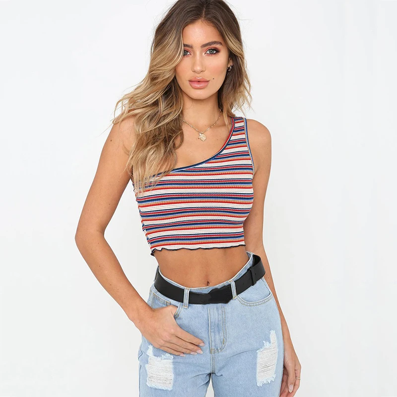 2019 Новая Женская Полосатая майка топ на одно плечо Летняя короткая рубашка