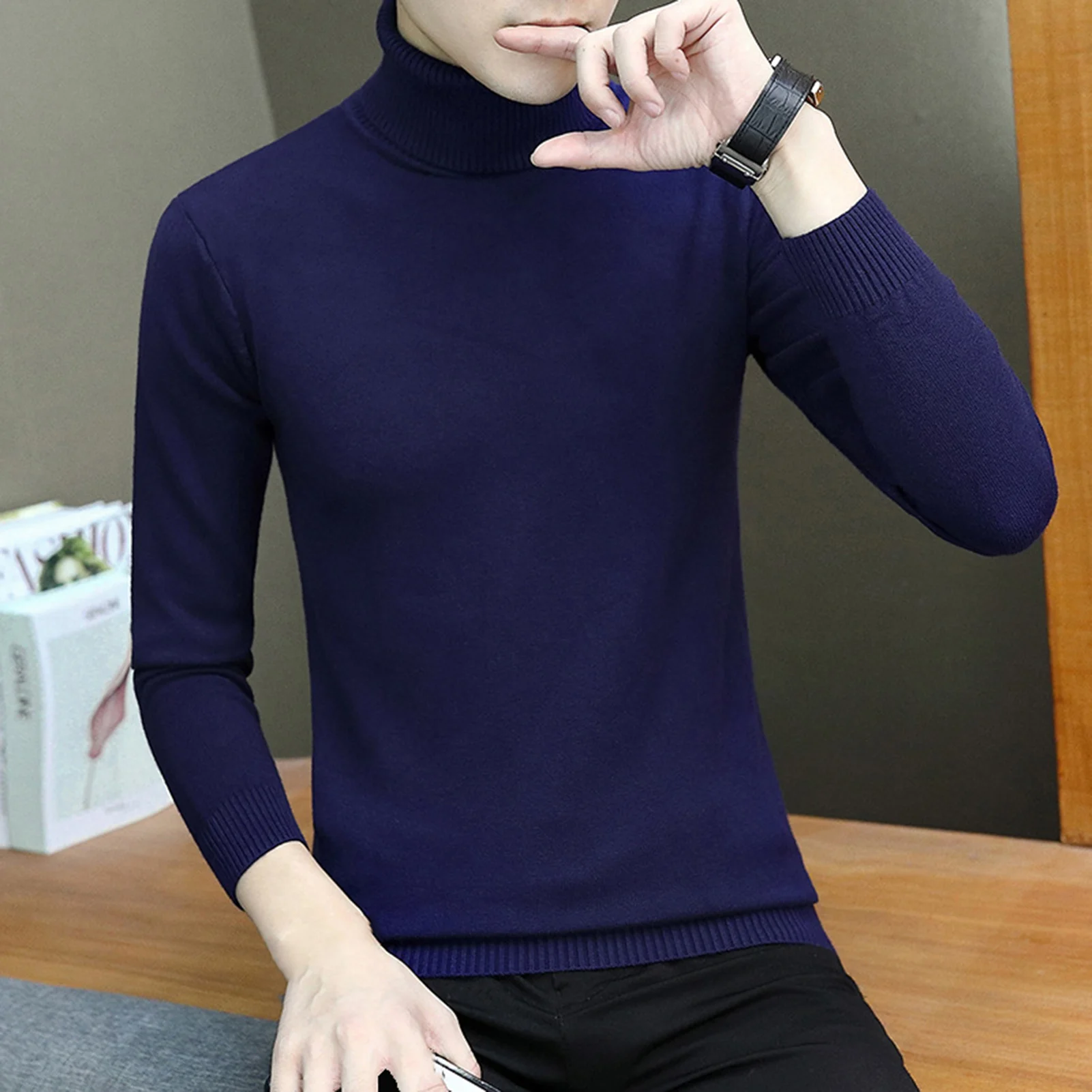 

Men Sweaters Autumn Winter Solid Color Knitwear Turtle Neck Long Sleeve Sweater Pullover men Clothing Streetwear