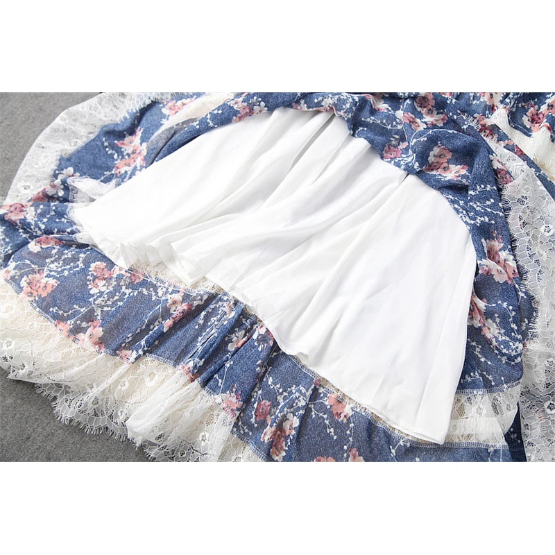 

High Quality Fashion Runway Designers Women Spring 2020 New Elegant Flare Sleeves Lace Patchwork Floral Print Midi Dresses