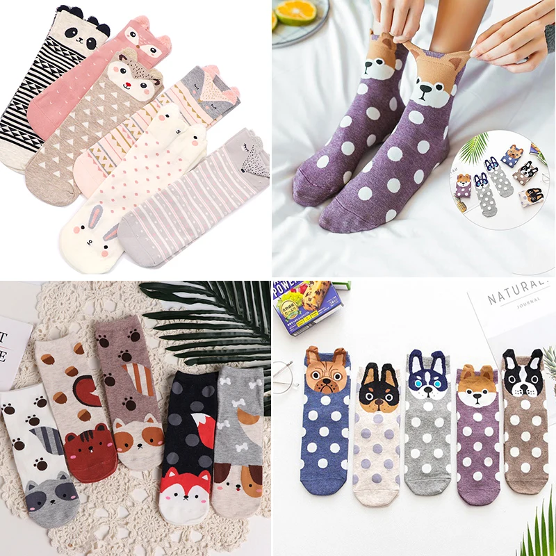 

6 Pieces =3 Pairs Cartoon Cotton Sock for Women Female Fashion Girl Animal Dog Print Funny Short Sox Autumn Winter Crew Socks
