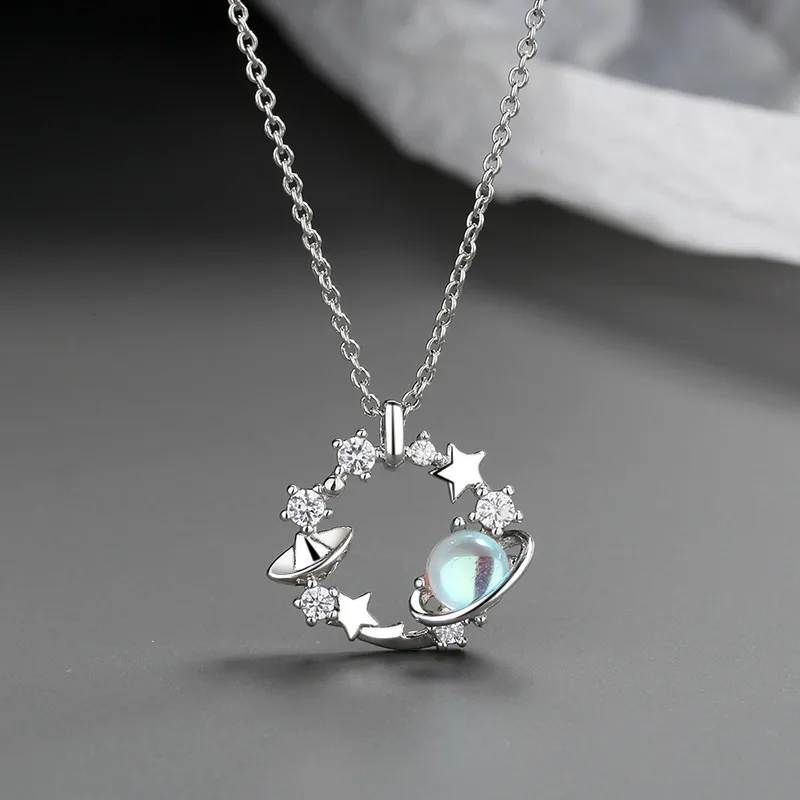 

925 Sterling Silver Opal Star Planet Charm Necklace Pendant Jewelry For Women Wedding Choker dz182