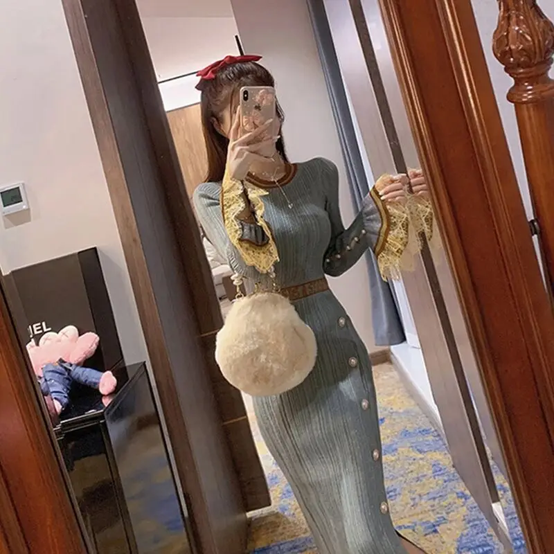 

Женское трикотажное платье с бахромой, тонкое Элегантное Длинное платье во французском стиле, осень 2022