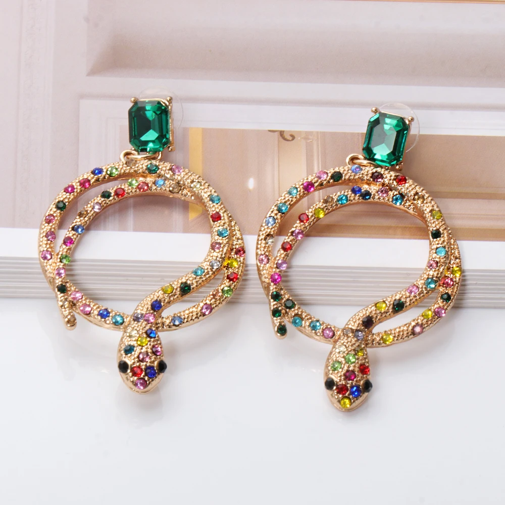 Новые Красочные роскошные стразы Двойные серьги-кольца в форме змеи хрустальные