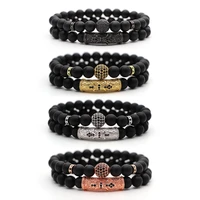2 piecesset of natural stone beaded mens bracelet popular small crown and lion head football bracelet classic black jewelry