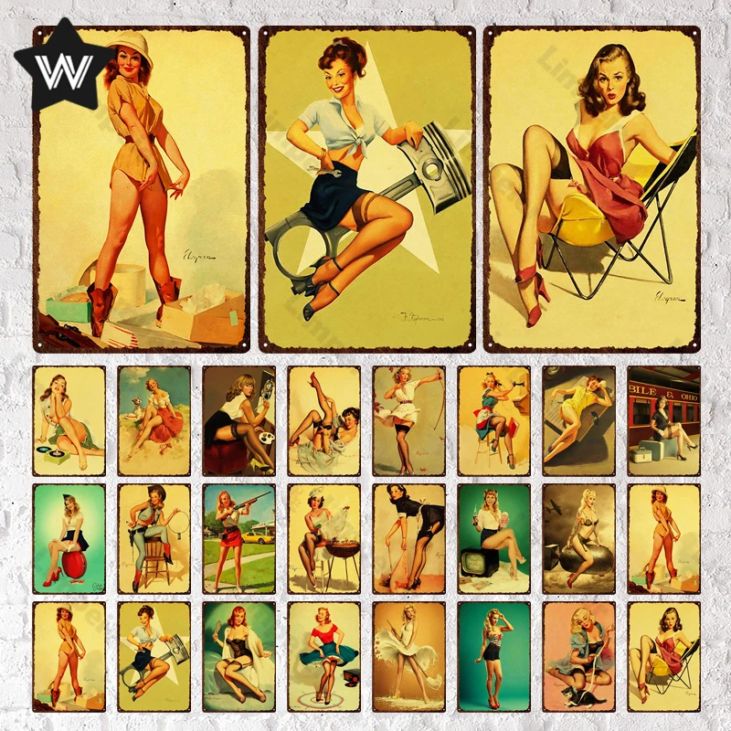 

Металлическая вывеска Pin Up Girl в винтажном стиле, настенная наклейка, сексуальная леди, Оловянная пластина, ретро, настенный металлический по...