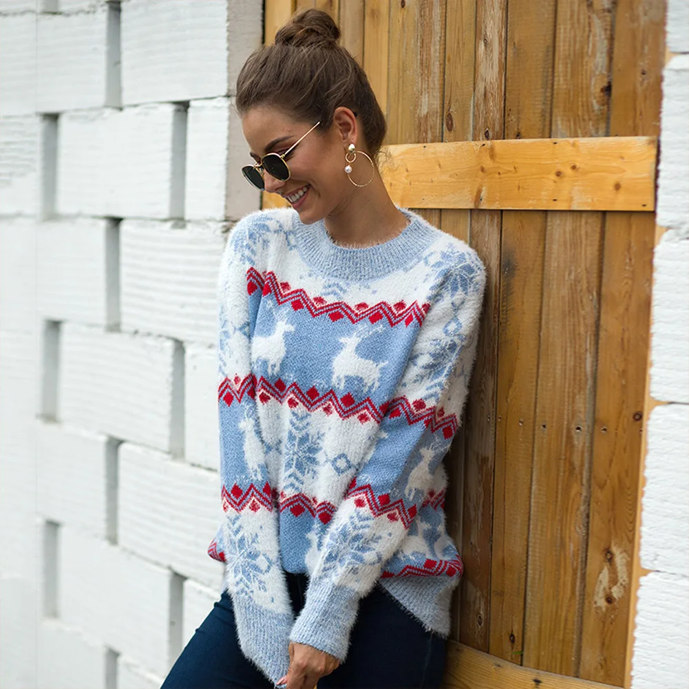 Новинка 2019 свитер с рождественским принтом женский зимний теплый вязаный