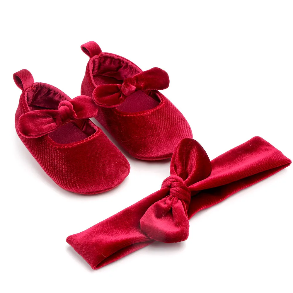 

0-1 Year Old Bow Baby Shoes Soft Non-Slip Toddler Shoes Gift Hair Band Winter Breathable Fashionable