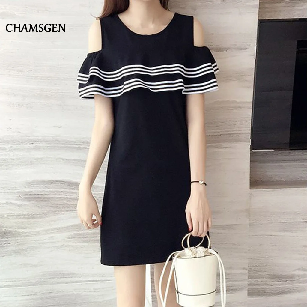 CHAMSGEND повседневное женское платье с круглым вырезом в полоску открытыми плечами