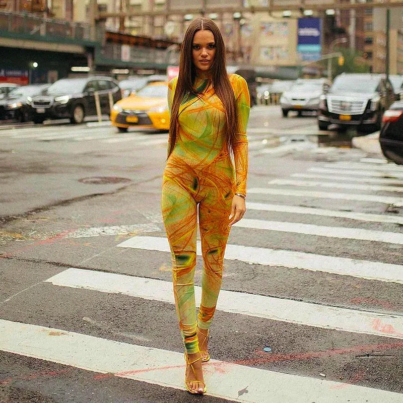 

2021 Autumn Casual Jumpsuit Women Romper Sexy Zipper Long Sleeve Print Turtleneck Skinny Jumpsuits Women Fashion Female Overalls