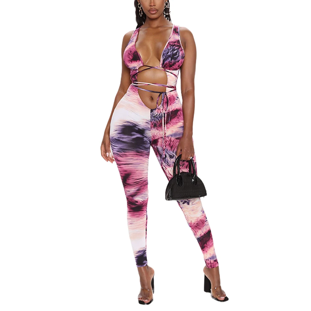 

Sexy Tie Dye Deep V Jumpsuit Womens Summer Fashion Sleeveless Bodycon Bandage Romper Women Halter Tank Jumpsuit Clubwear