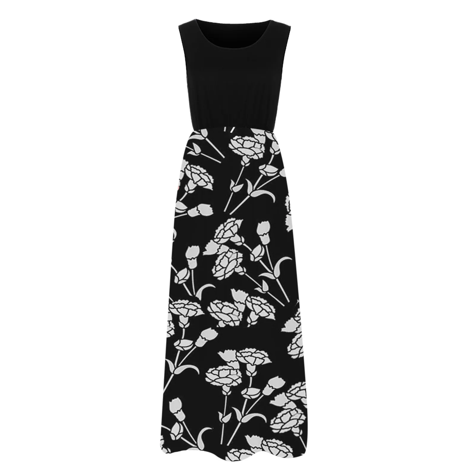 

40# O Neck Sleeveless Maxi Dress Women Plus Size Pocket Robe Casual Pockets Floor Length Robe Femme Loose Evening Party Dress