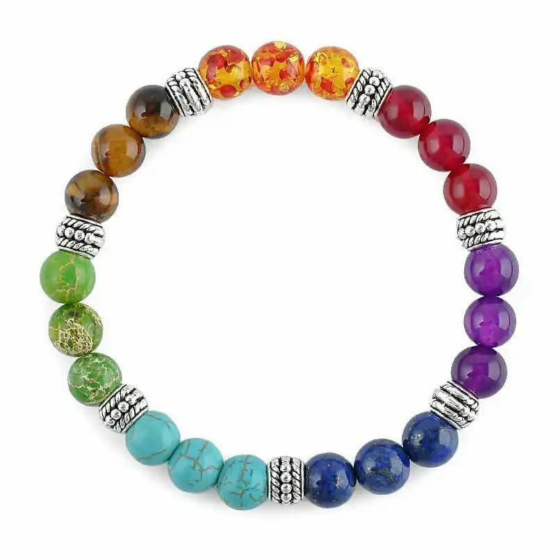 

Natural Stone Tiger Eye 7 Chakra Bracelets & Bangles Yoga Balance Beads Buddha Prayer Elastic Bracelet Men masculina