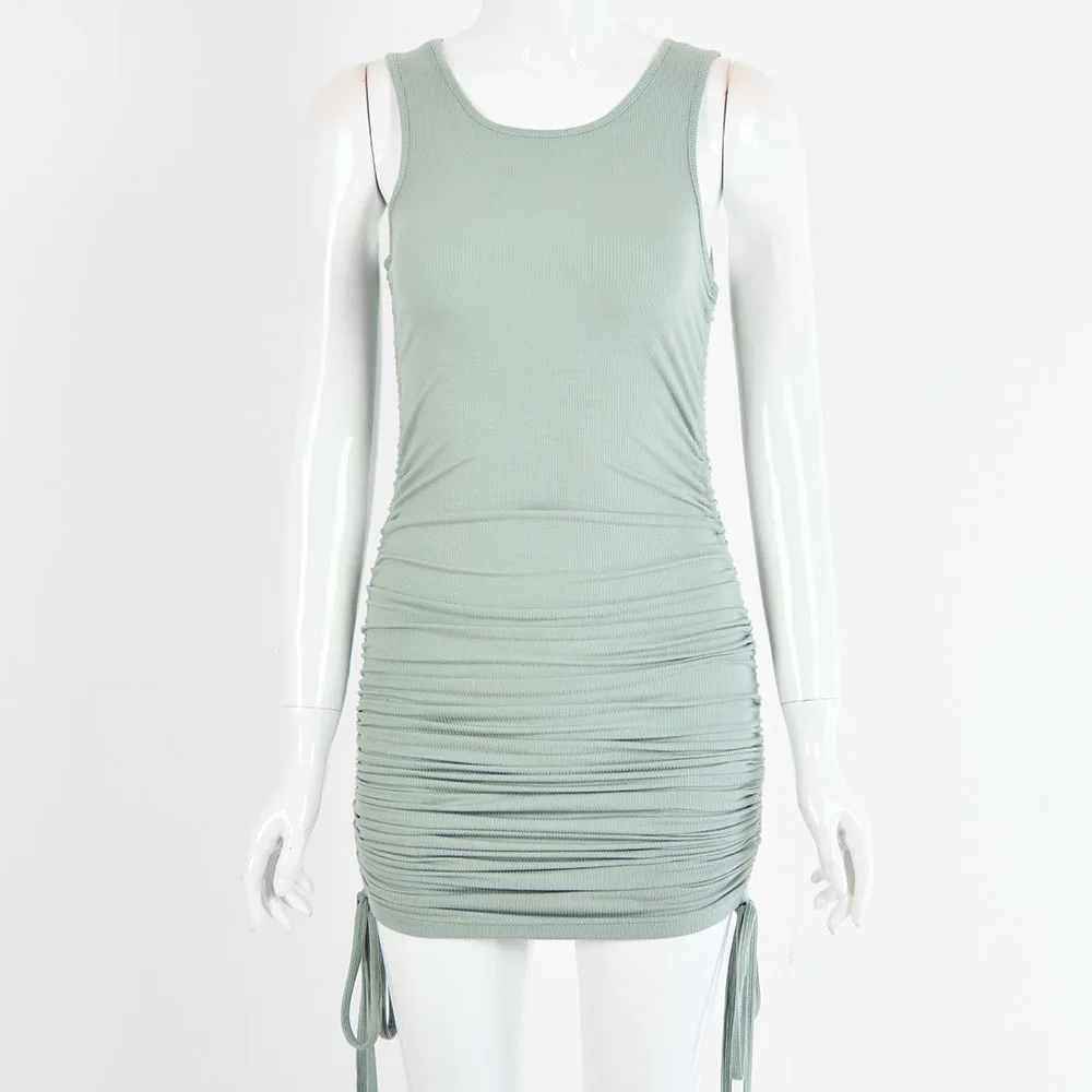 

BacklakeGirls 2021 Elegant Drawstring Knitted Dress Women Round Neck Slim Cocktail Dresses Women Summer Bodycon Dress Female