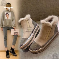 warm real mink fur shoes women luxury crystal hand stitching leather winter large size high woman slip on platform flats 35 43