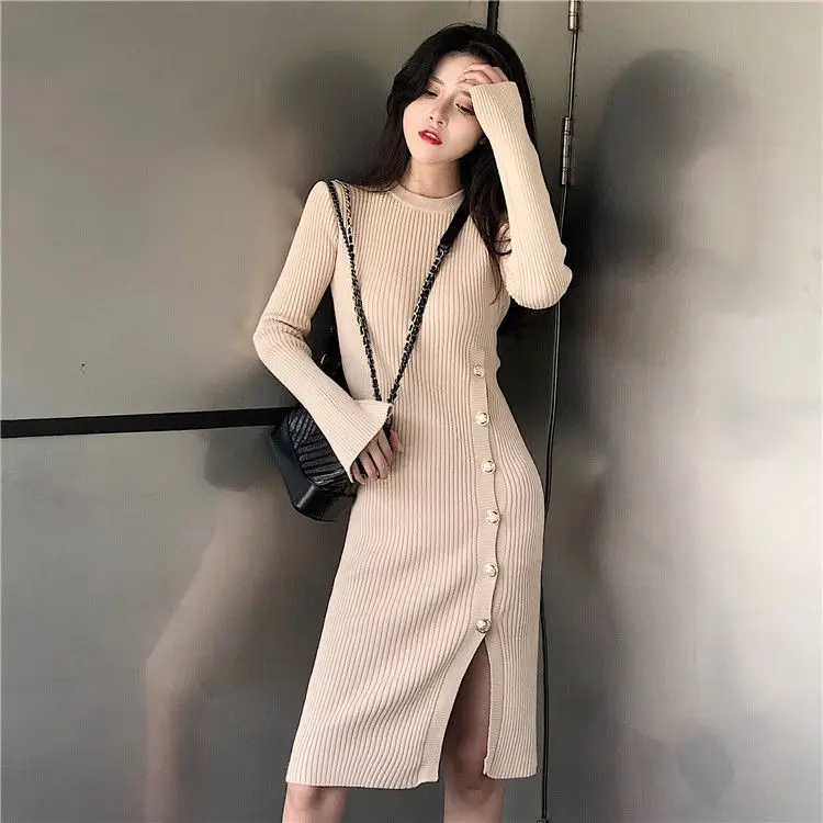 

Women Autumn Knitted Long Sleeve Dress Korean Elegant Slim Bodycon Button O Neck Sweater Dresses Female Midi Ribbed Dress R173