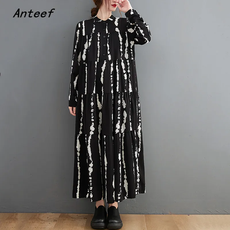 

Anteef long sleeve oversized black vintage dresses for women casual loose spring autumn dress elegant clothing 2022