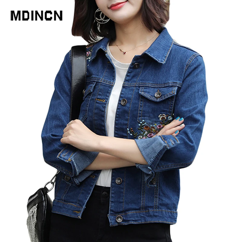 Женские куртки с вышивкой MDINCN облегающие джинсовые цветочной Дамское пальто