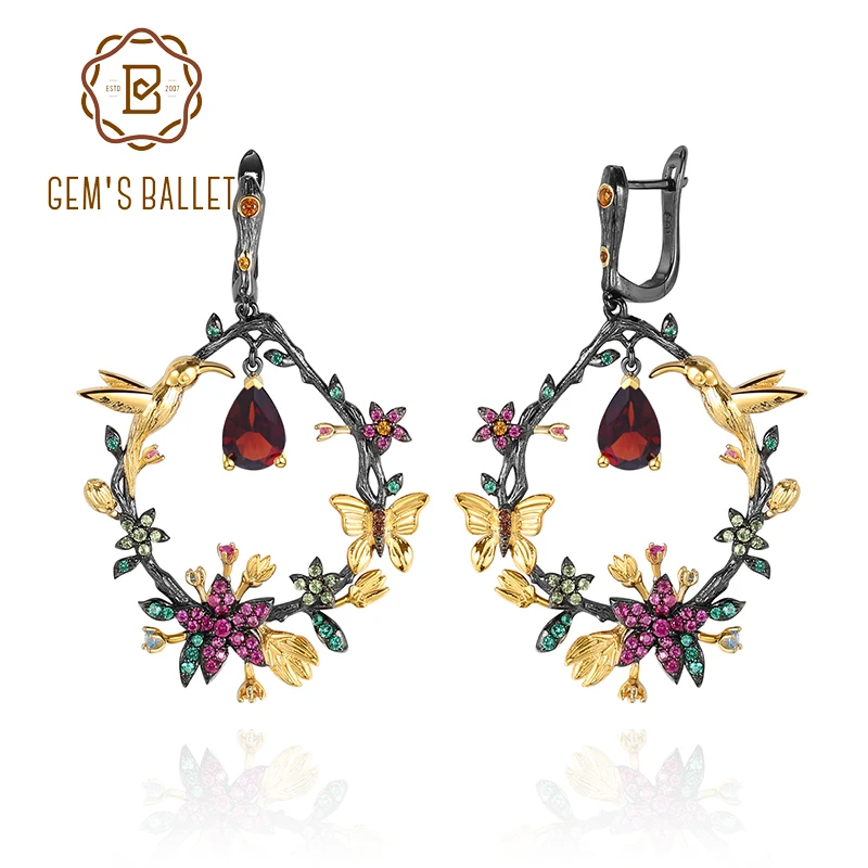 

GEM'S BALLET 925 Sterling Silver Earrings Handmade Secret Garden Natural Garnet Gemstone Woman’s Statement Earrings Fine Jewelry