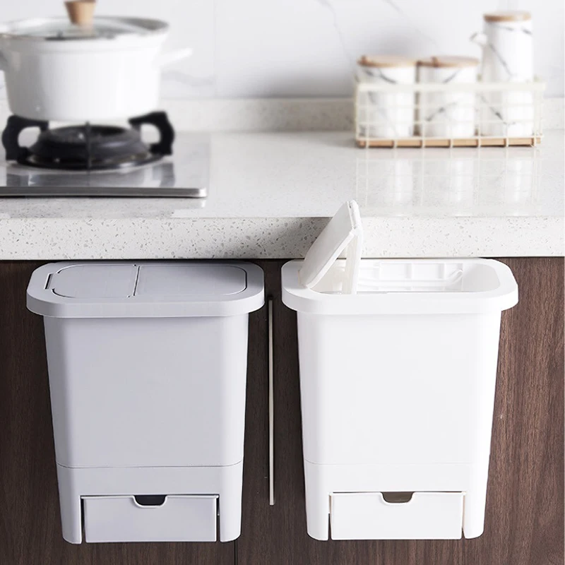 Kitchen Cabinet Door Hanging Trash Can with Lid Wall-Mounted Waste Baskets Push-Top Garbage Bin Rubbish Container Grey | Дом и сад