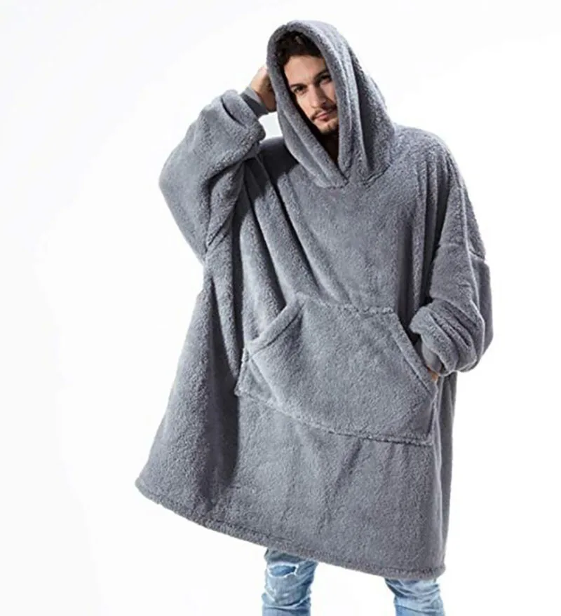 Winter Oversized Hoodies Women Fleece Warm TV Blanket with Sleeves Pocket Flannel h Thick home wear  Hoody Long Sweatshirt