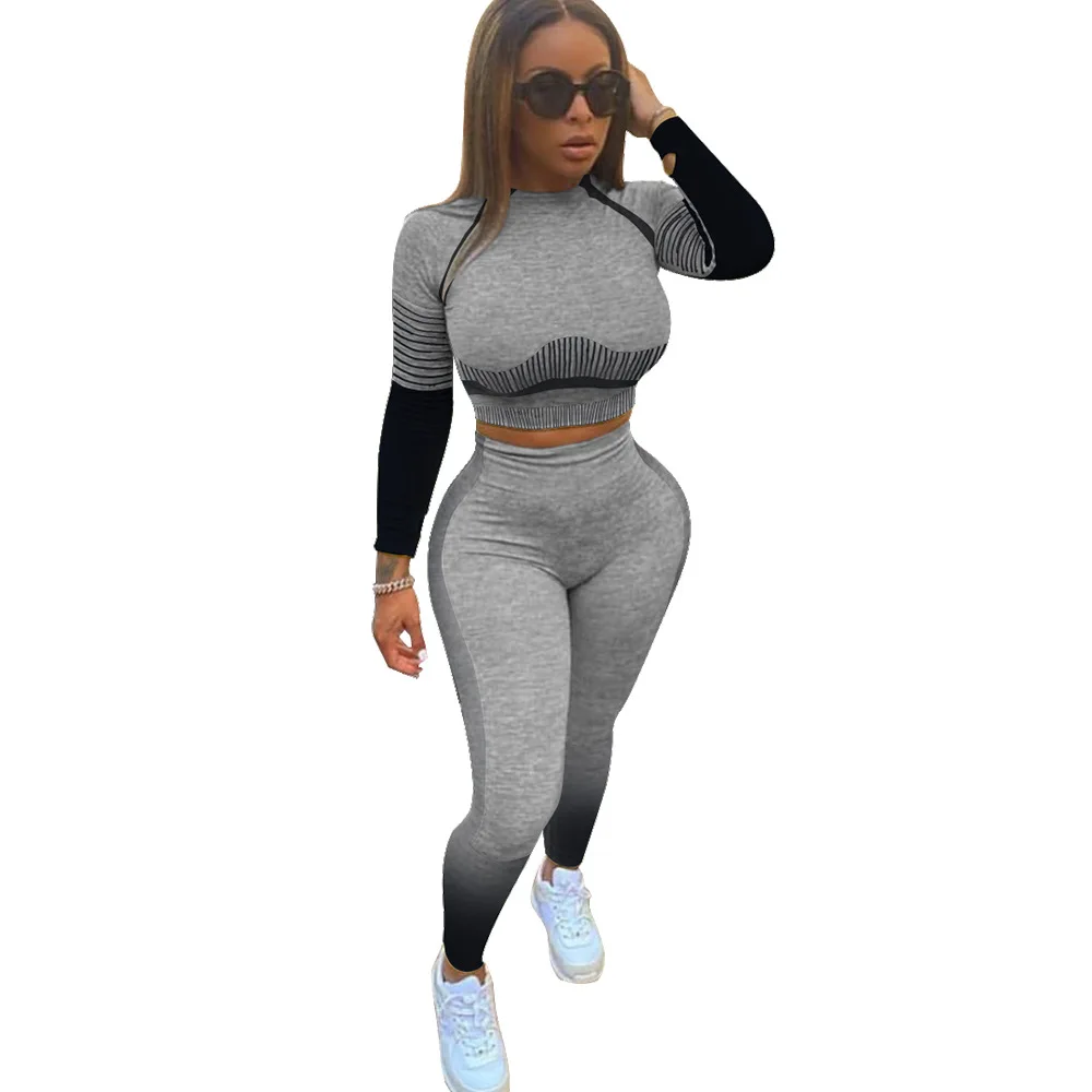 

Active Gradient Striped Tracksuit Women Casual Sportswear O Neck Long Sleeve Crop Top + Leggings Bodycon Two Piece Set Outfits