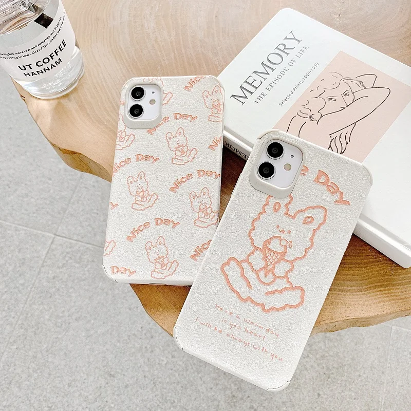 

Soft Tpu Each Corner Anti-knock Rabbit With Milky Tea/Ice-cream Leathern Phone Case For iphone78Plus X XS XR XSMAX 11/11Pro Max