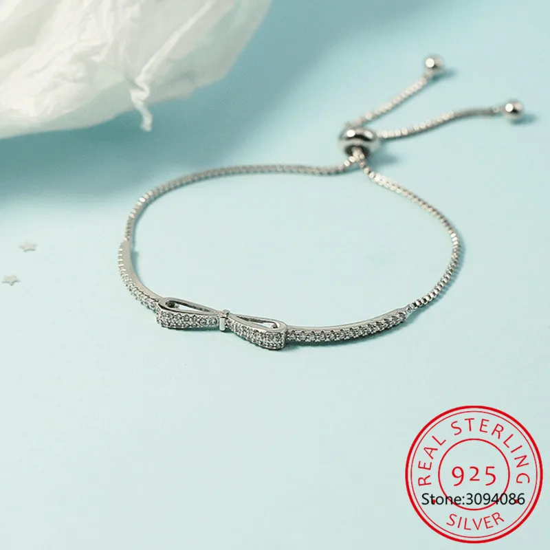 S925 Sterling Silver Fashion Bowknot Adjustable Bracelets 2021 New Shining Zircon Women Statement Jewelry Best Friend Gifts |