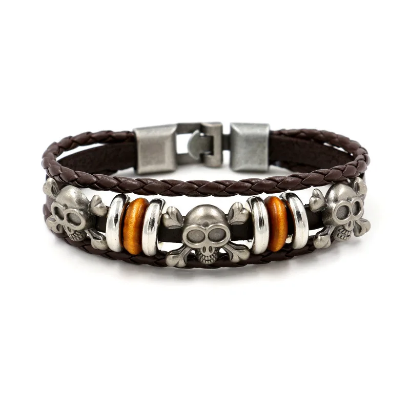 Мужской браслет из натуральной кожи серебро 925 пробы с изображением пиратского