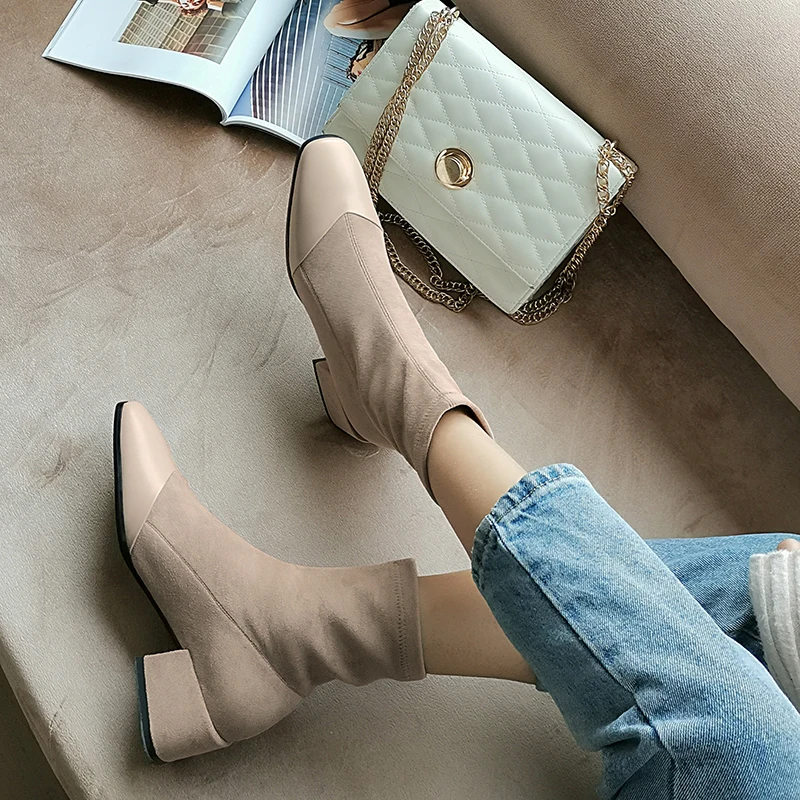 Женские ботильоны из бычьей кожи на высоком каблуке с квадратным носком|Женские