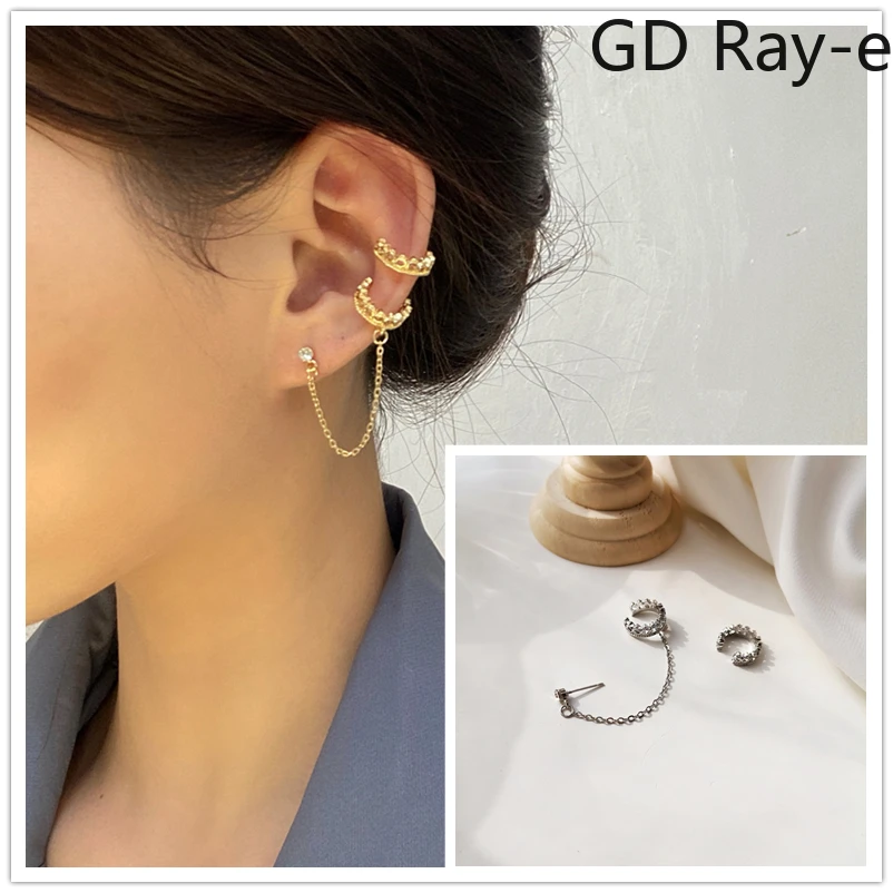 

New Fashion Diamond C-word Ear Cuff for Women Crystal Sweet Asymmetric Tassel Rhinestone Earrings Jewelry Set Party Punk 2334