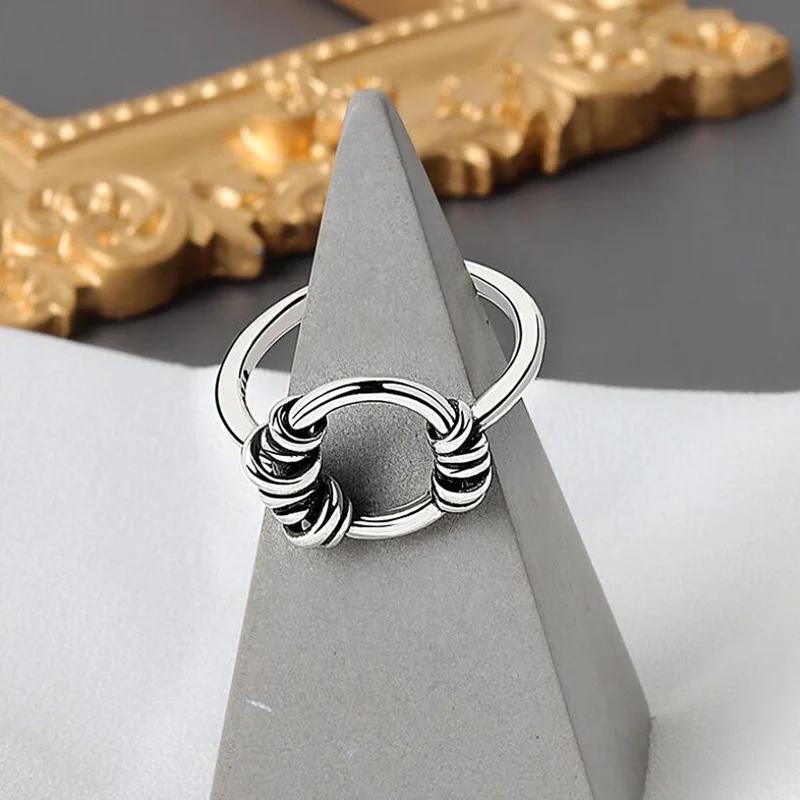 

925 Sterling Silver Fashion Trendy Exaggerated Geometric Round Twist Ring Female Cool Design Index Finger Handmade Jewelry Gift