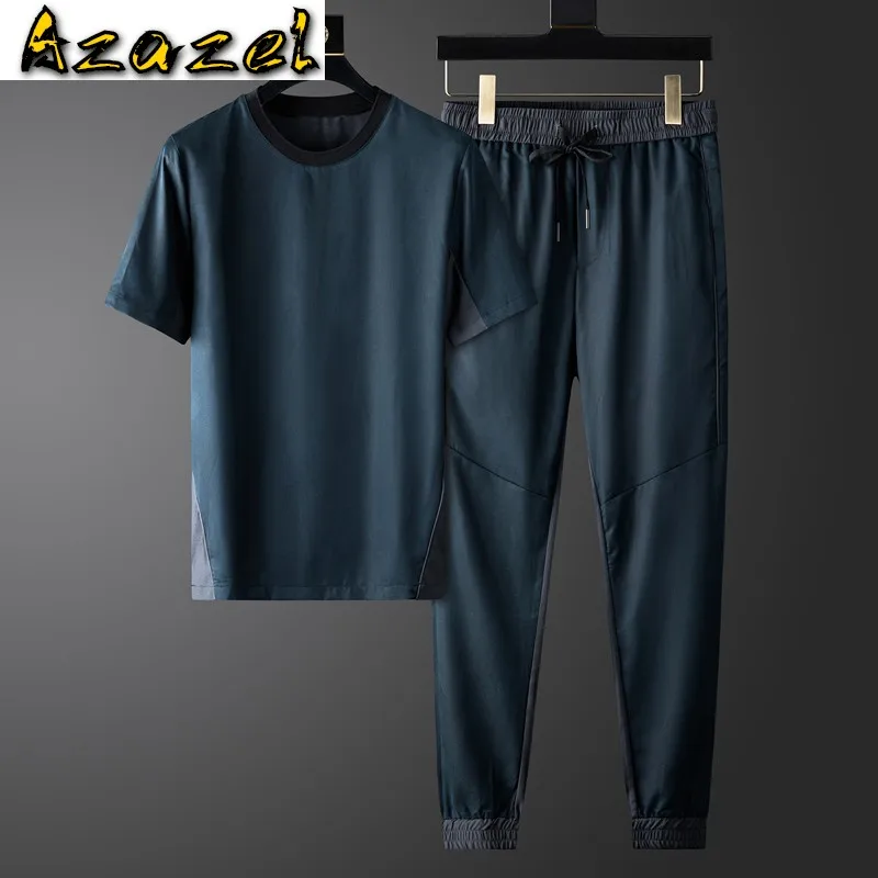 

Azazel Tencel Man Tracksuit (t-shirt+pants) Luxury Short Sleeve Splicing Design Casual Sport Male Sets Fashion Slim Mens Suits