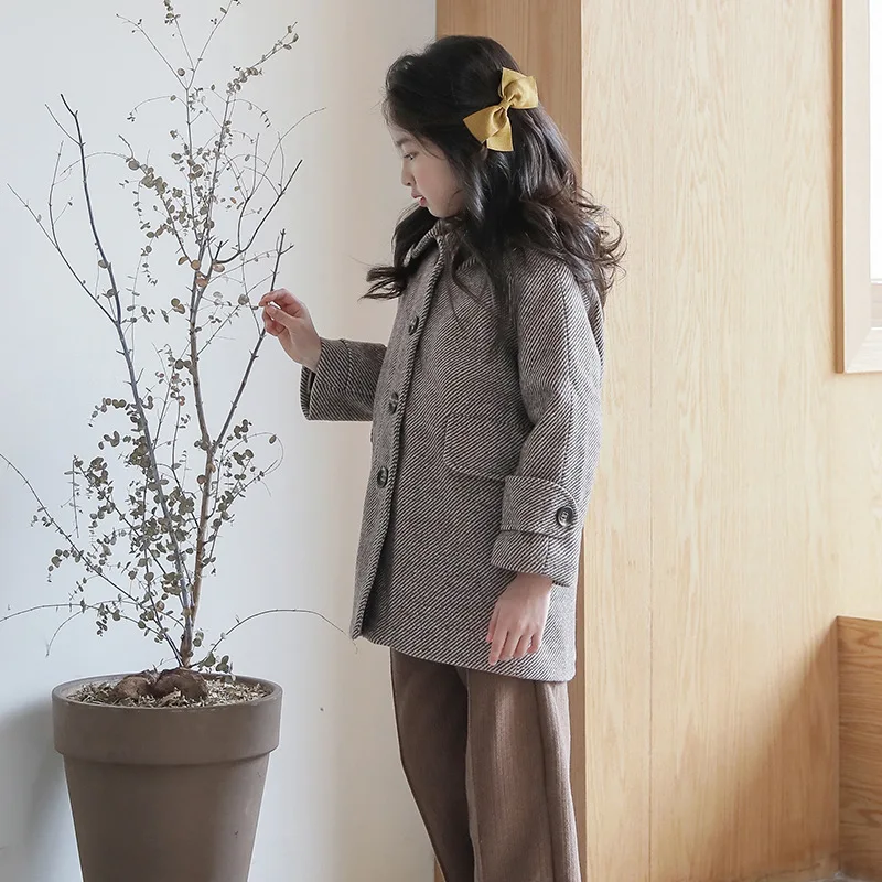 Осенне зимняя элегантная шерстяная куртка для девочек Новое Детское клетчатое