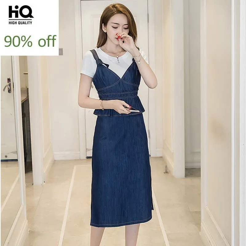 Summer Women Ruffles Waist Knee Length Jeans Dress Casual Short Sleeve Female Tops Two Piece Set Slim Fit Office Work Suit | Женская