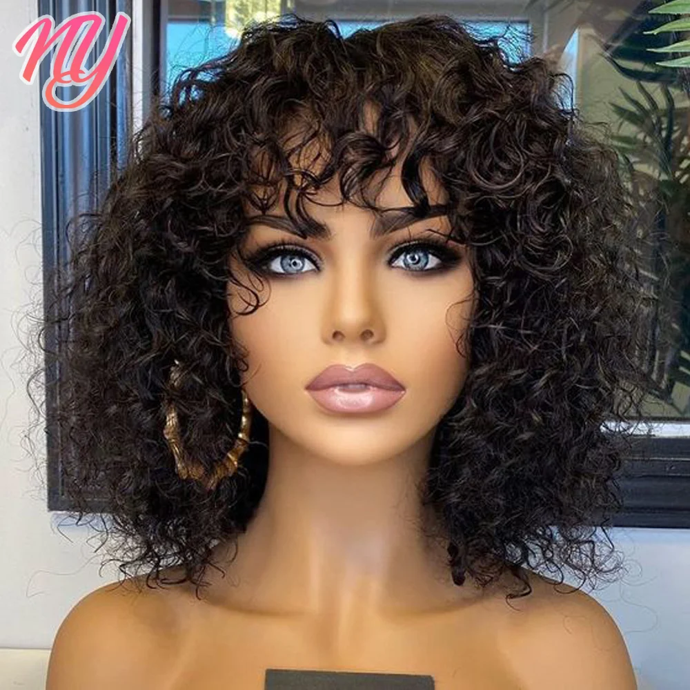 

Glueless Water Wave Wig Human Hair Wigs With Bangs Full Machine Made Wig For Black Women Curly BOB wet and wavy wig Curly Hair