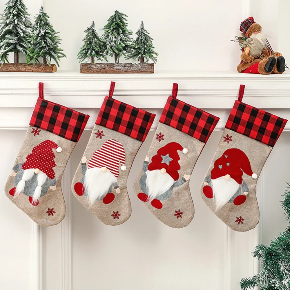 18 Inch Large Christmas Stockings Santa Faceless Doll Gnome Plaid Sock Candy Bag Gift Holder Christmas Decorations For Home